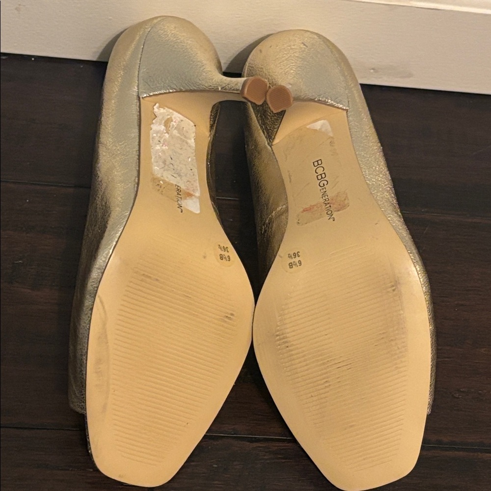 BCBGeneration Metallic Gold Peep Toe Heels - Picture 3 of 6